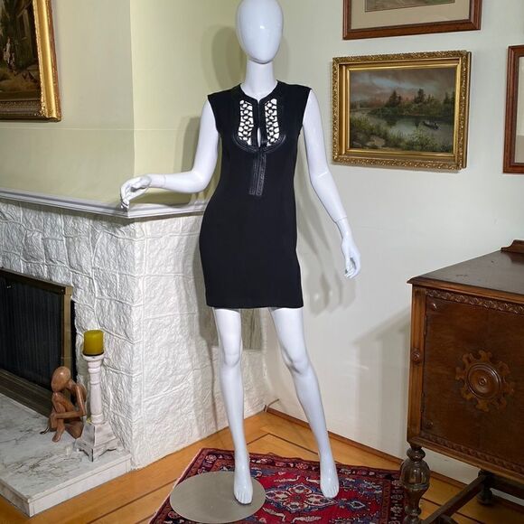 John Richmond Silk & Leather LBD Little Black Mini Dress - Picture 3 of 16